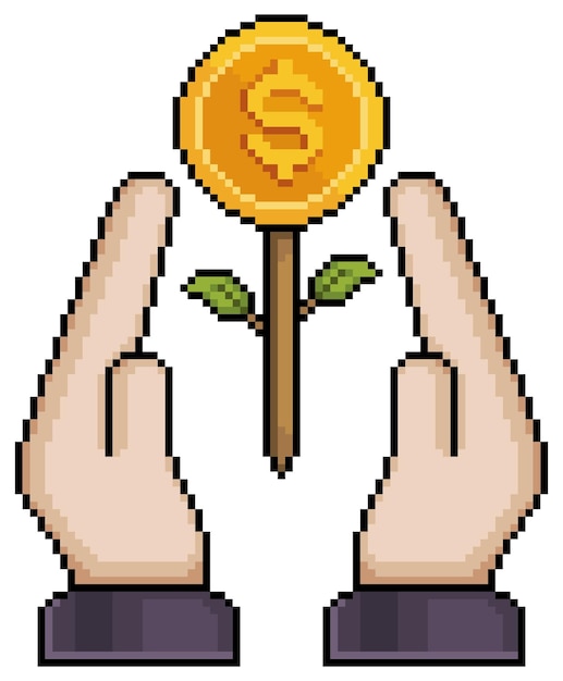 Pixel art hands holding money plant vector icon for 8bit game on white background