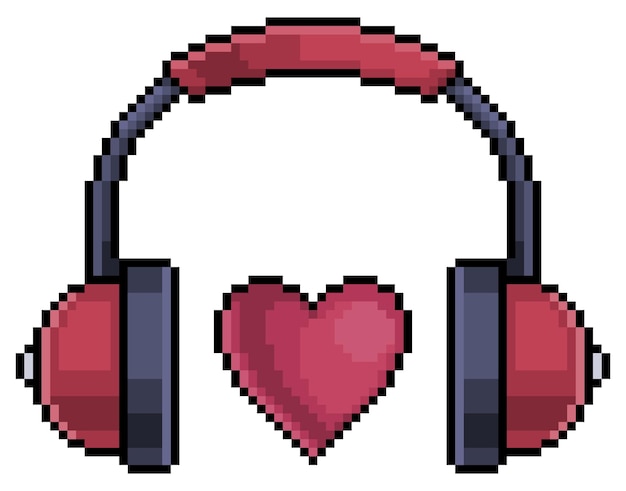 Pixel art headphone with heart, earphone vector icon for 8bit game on white background