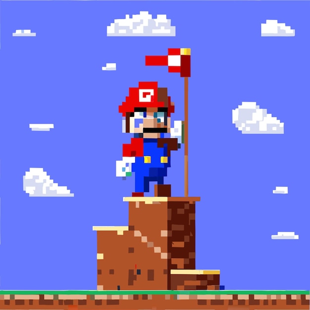 Vector pixel art jump mario with red flag brick ladder vector illustration