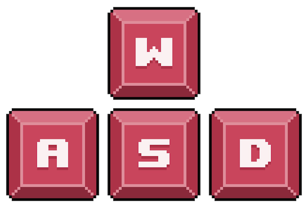 Pixel art keys w,a,s,d. computer keys vector icon for 8bit game on white background