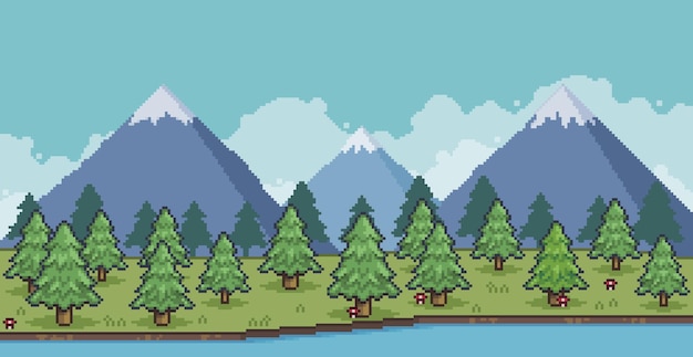 Pixel art landscape of pine forest in the mountains with lake and clouds 8 bit game background