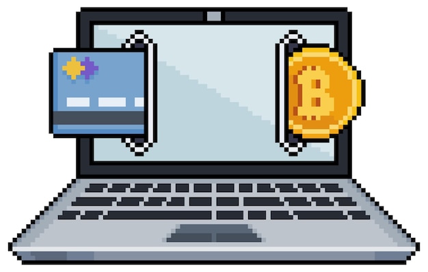 Pixel art laptop buy bitcoin with credit card Buying bitcoin from laptop vector icon for 8bit game