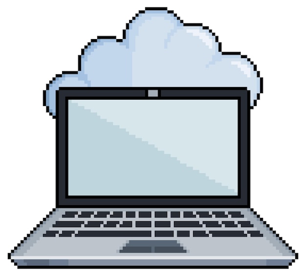 Pixel art laptop and cloud. Store data in the cloud vector icon for 8bit game on white background