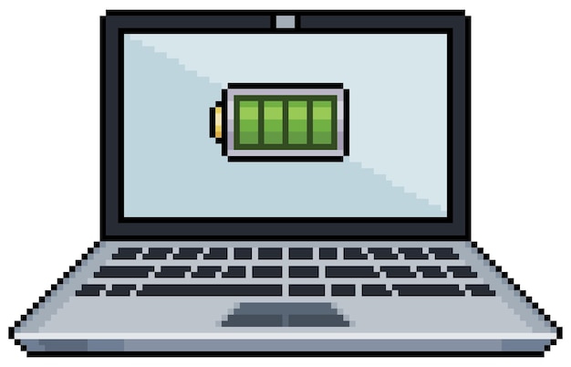 Pixel art laptop with charged battery icon open laptop vector icon for 8bit game on white background