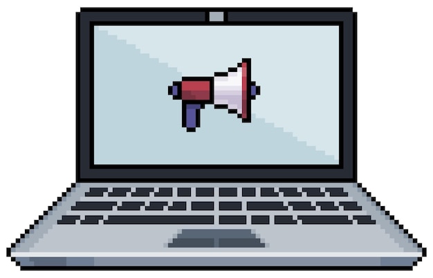 Pixel art laptop with megaphone icon on screen vector icon for 8bit game on white background