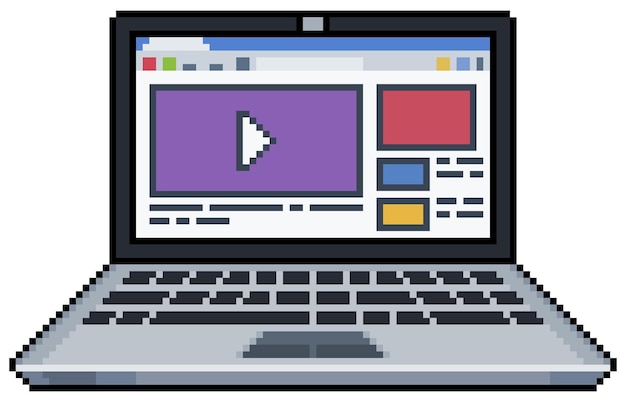 Pixel art laptop with video platform, video site vector icon for 8bit game on white background