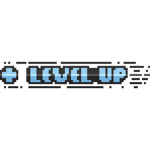 Pixel art level up blue glossy text design