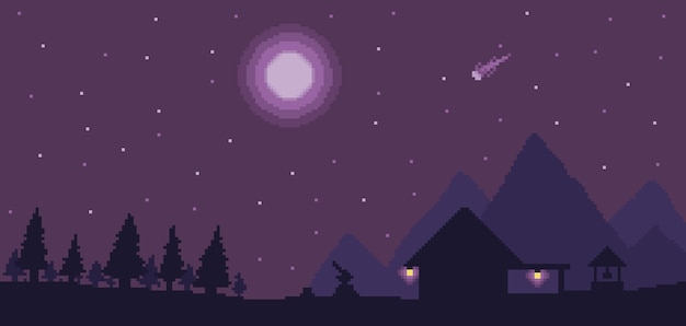 Pixel art lumberjack house background with pines and mountains in night sky bit game scenario