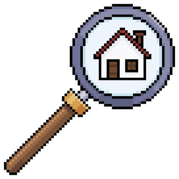 Pixel art magnifying glass analyzing house vector icon for 8bit game on white background