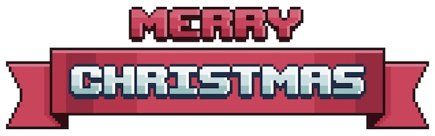 Pixel art merry christmas on red banner. Christmas ribbon vector icon for 8bit game