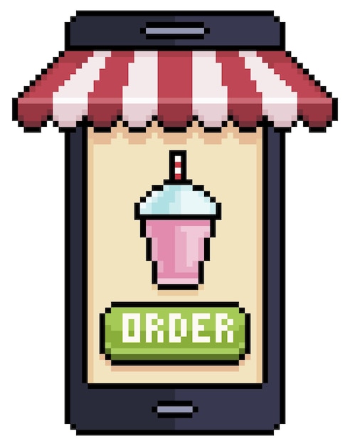 Pixel art mobile phone ordering milkshake in food app vector icon for 8bit game on white background