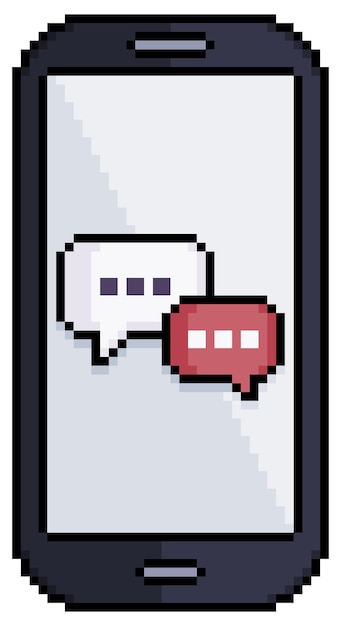 Pixel art mobile phone with messaging chat vector icon for 8bit game on white background