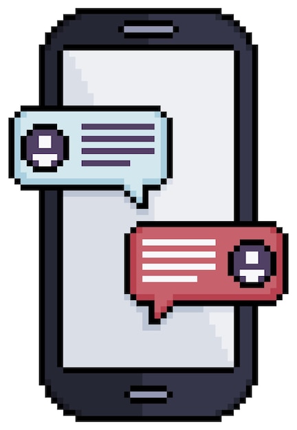 Pixel art mobile phone with messaging chat vector icon for 8bit game on white background