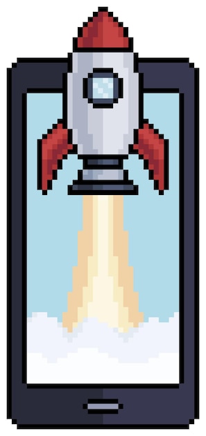 Pixel art mobile phone with rocket on screen, cell phone vector icon for 8bit game