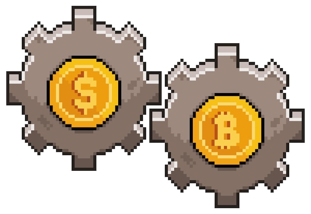 Pixel art money and bitcoin gear Investment in cryptocurrencies vector icon for 8bit game