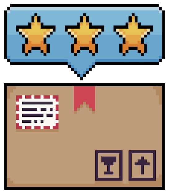 Pixel art order with star rating bar, order evaluation, cardboard box vector icon for 8bit game