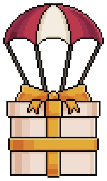 Pixel art parachute with gift vector icon for game on white background