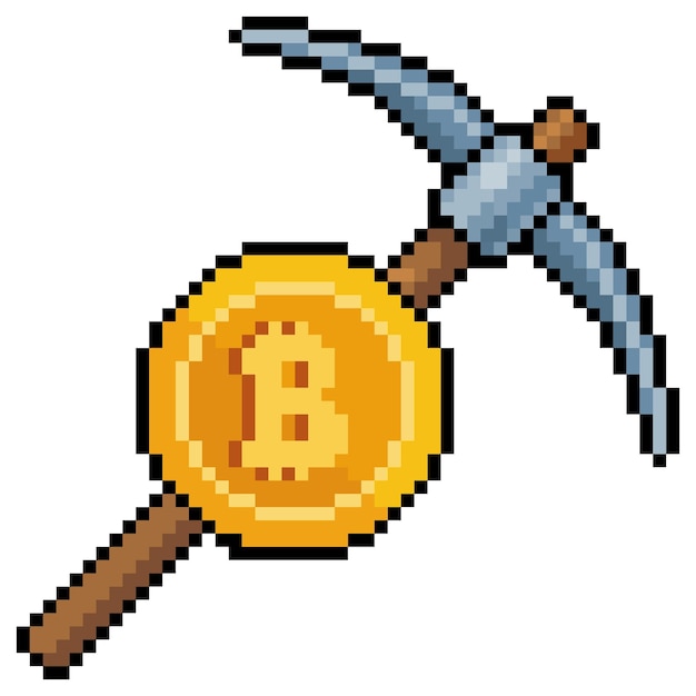 Pixel art pickaxe and bitcoin Bitcoin and cryptocurrency mining vector icon for 8bit game