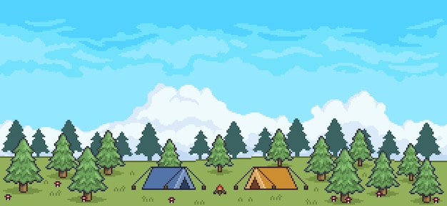 Pixel art pine forest camping landscape with tents and campfire 8 bit game background