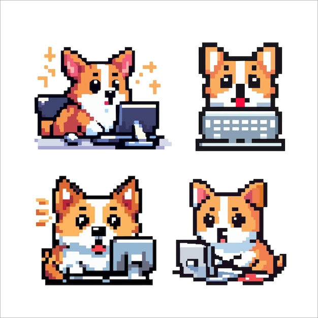 pixel art of puppy typing on a computer looking surprised