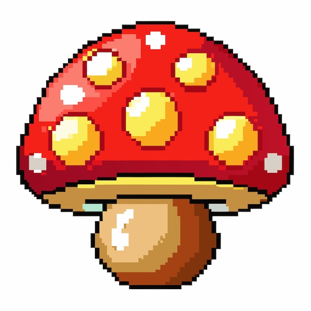 Vector pixel art red mushroom icon with yellow spots for gaming and digital design