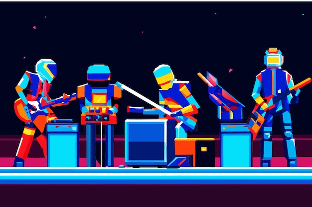 Vector a pixel art robot band performing vector illustration