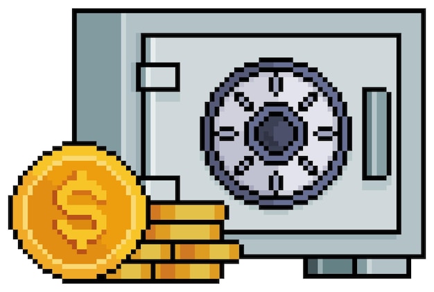 Pixel art safe box vault with gold coins with gold coins vector icon for 8bit game