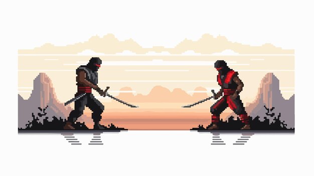 Vector pixel art scene ninja samurai classic fight cartoon