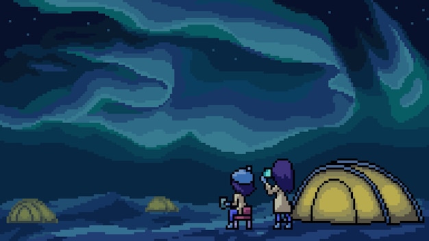 Pixel art scene northern light camp