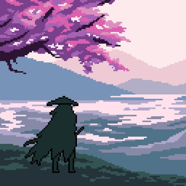 Pixel art scene samurai traveler