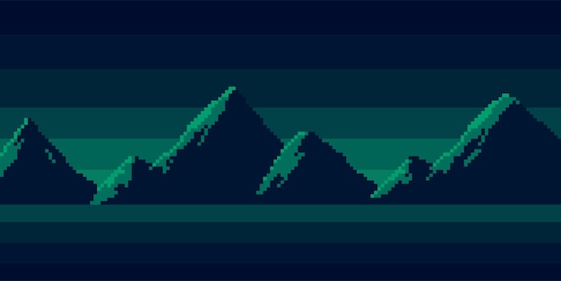 Pixel art seamless background. Location with snowy mountains at night. Landscape for game