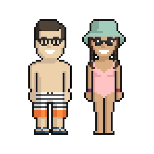 Pixel art set of cute boy and girl on the beach in summer on a white background