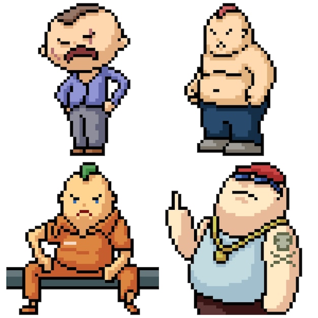 Pixel art set isolated gangster thug