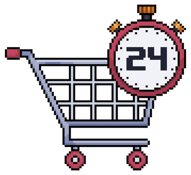 Pixel art shopping cart with clock 24 hour supermarket vector icon for 8bit game on white background