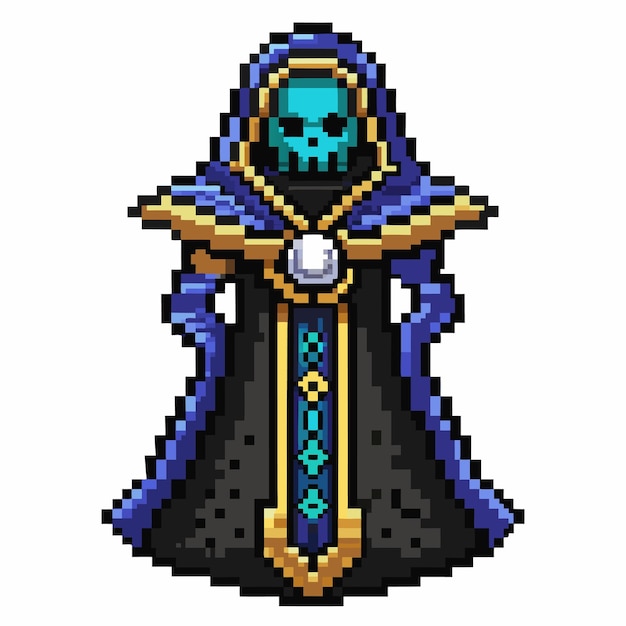 Vector pixel art skeleton wizard character in dark cloak and hood with magical staff