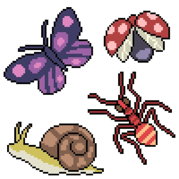 Pixel art of small garden bugs