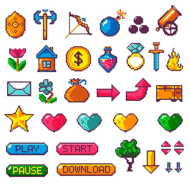 Pixel art stickers or emoticon retro style vector