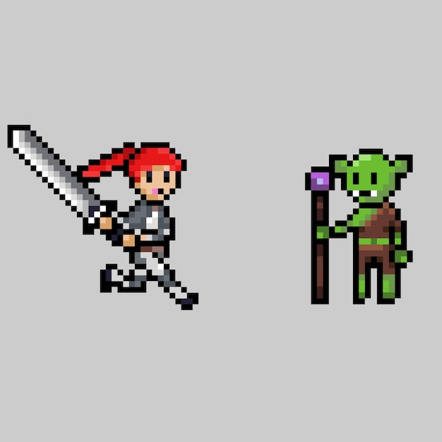 pixel art style, old videogames style, retro style 18 bit female swordman attack staff goblin vector