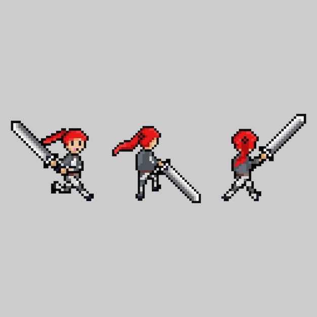 pixel art style, old videogames style, retro style 18 bit female swordman swing one handed sword