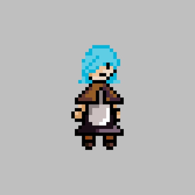 pixel art style, old videogames style, retro style 18 bit female villager with blue hair and apron