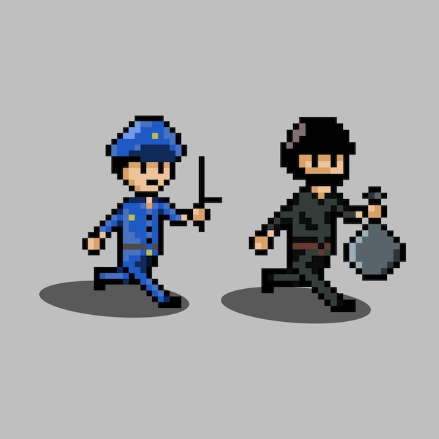 pixel art style, old videogames style, retro style 18 bit police run chasing robber