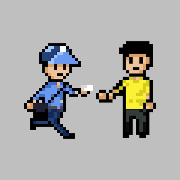 Pixel art style, old videogames style, retro style 18 bit postman send mail to yellow shirt man