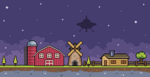 Pixel art UFO on farm with house, barn, silo, mill and flying saucer 8bit game background vector