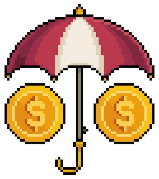 Pixel art umbrella covering coins investment protection vector icon for 8bit game