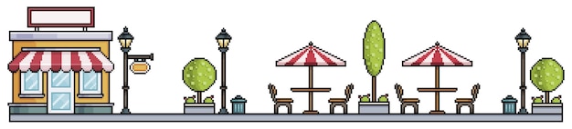 Pixel art urban square with shop park with benches tables pots Cityscape background for 8bit game