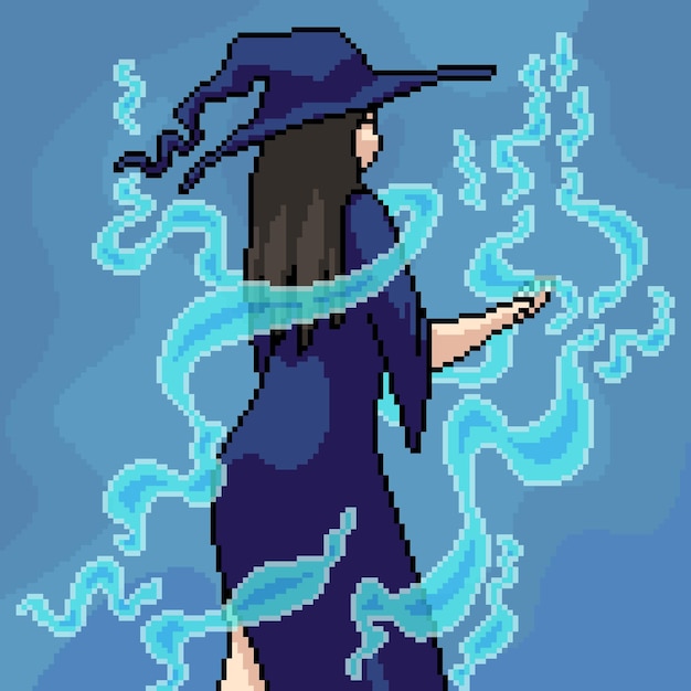 Vector pixel art of witch and magic