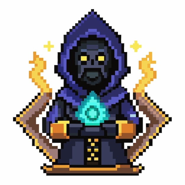 Vector pixel art wizard with magic orb retro fantasy character in hooded robe