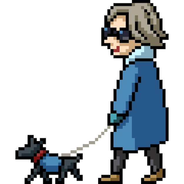 pixel art of woman walk dog