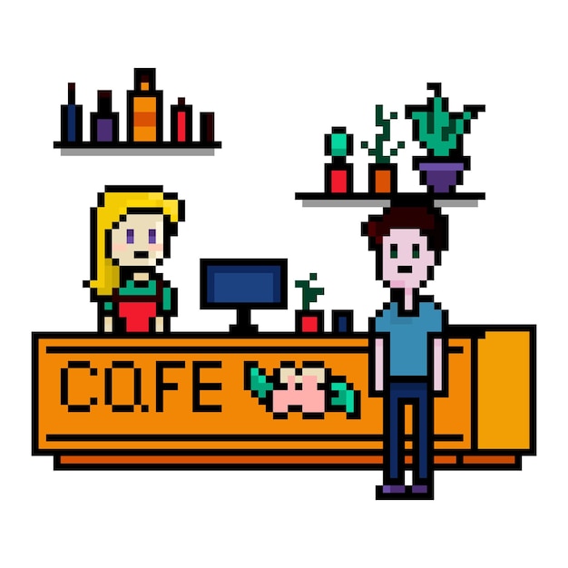 Pixel cafe job interior retro style