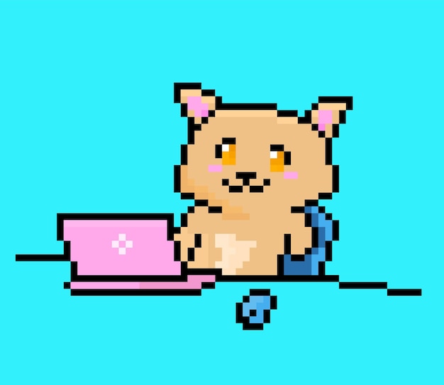 Pixel cat playing on pink laptop